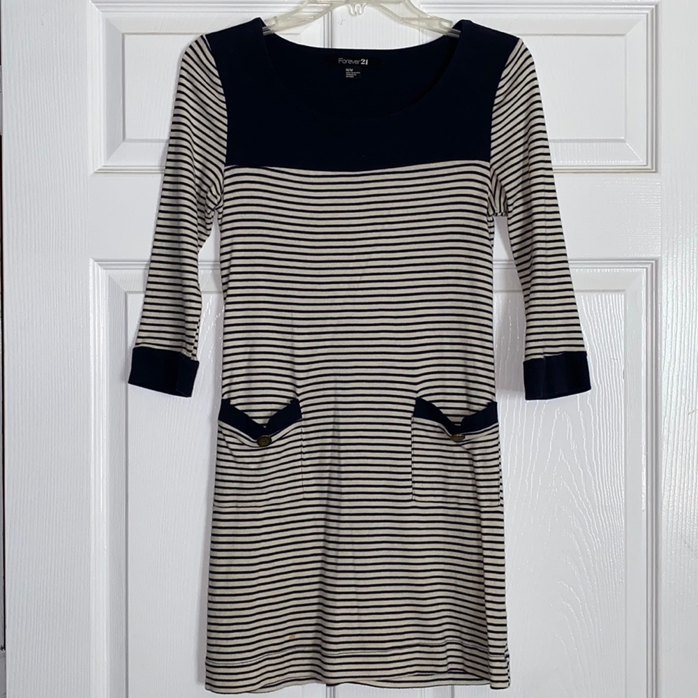 Forever 21 Navy & Cream Striped Dress with Pockets
